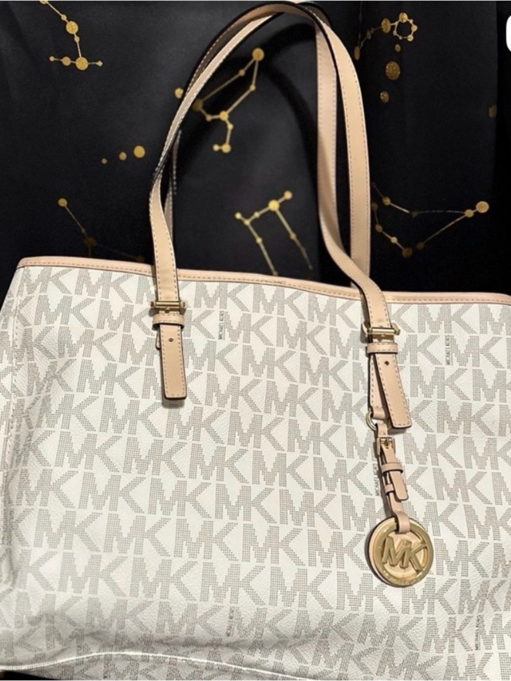 Michael Kors White Signature Tote with Beige Trim and Gold Hardware - Jet Set